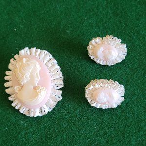 3 pc capodimonte cameo brooch/earrings set